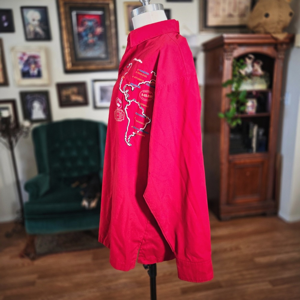 Russo Wear Red Long Sleeve Button Up Shirt Travel Map Graphic Streetwear - Picture 4 of 8
